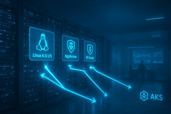 Futuristic data center with glowing blue panels labeled Linux 6.12 LTS, AppArmor, OS Guard, and AKS.