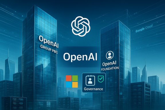Futuristic cityscape with towering glass buildings featuring OpenAI branding and governance icons.