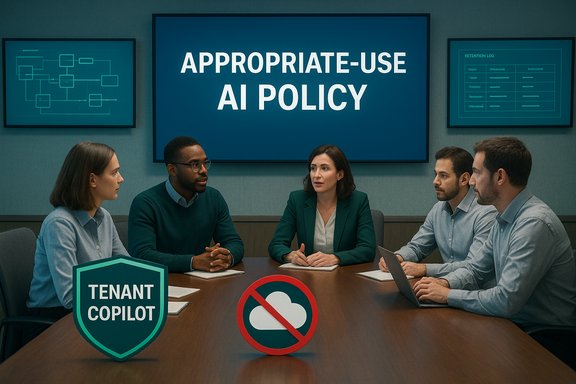 A diverse team debates an 'Appropriate-Use AI Policy' in a conference room.