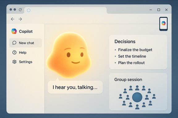 Copilot chat UI with a glowing yellow blob avatar, left navigation, and a Decisions panel.