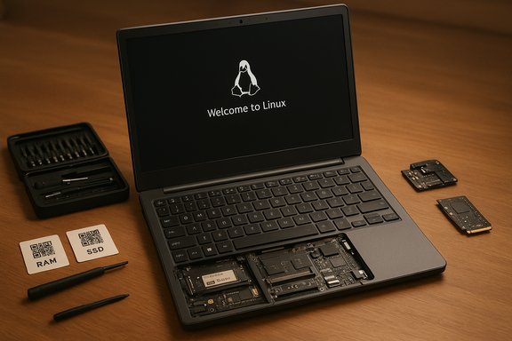 Laptop displays “Welcome to Linux” with its bottom open, exposing the motherboard and repair tools nearby.