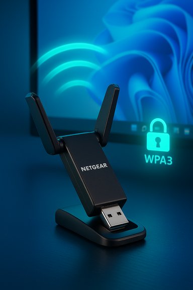 NETGEAR USB wireless adapter with dual antennas on a stand, showing a WPA3 lock icon.