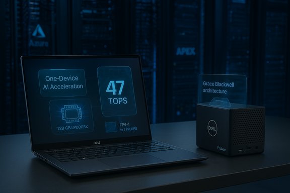 Dell laptop and compact Dell accelerator display AI acceleration specs in a data center.