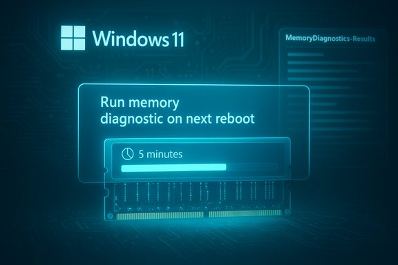 Windows 11 memory diagnostic prompt with a 5-minute timer.
