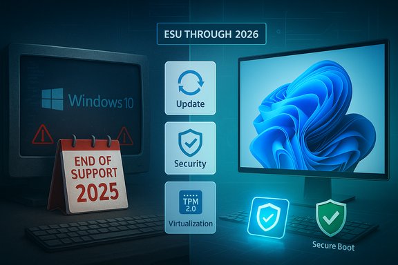 Windows 10 end of support in 2025 with ESU through 2026 and security upgrade options.