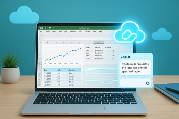 Laptop showing a cloud-connected spreadsheet with an AI Copilot panel.