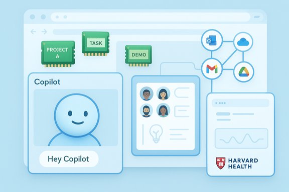 A futuristic browser UI featuring Copilot cards, avatars, tasks, and connected cloud app icons. A futuristic browser UI featuring Copilot cards, avatars, tasks, and connected cloud app icons.