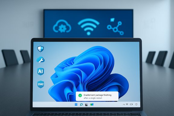 A Windows laptop with blue abstract wallpaper shows a progress notification in a conference room.