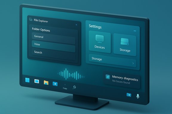 Teal computer monitor with floating app panels showing Settings and Folder Options.