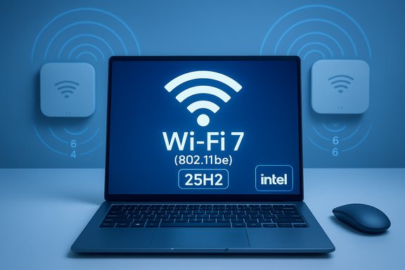 A laptop screen shows Wi‑Fi 7 (802.11be) with Intel branding and wireless icons in the background.