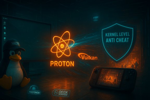 Neon-lit desk scene with Proton, Vulkan logos, a Kernel Level Anti Cheat shield, Tux the penguin, and a handheld console.