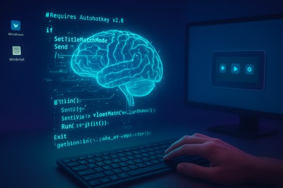 A neon blue brain hologram hovers above a keyboard with streams of code.