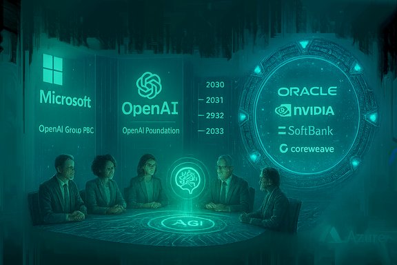 Executives sit around a round table beneath large AI sponsor logos: Microsoft, OpenAI, Oracle, NVIDIA.