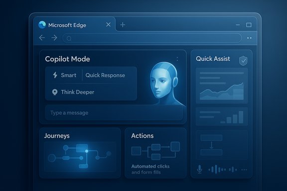 Microsoft Edge UI showing Copilot Mode panels and a blue AI assistant head.