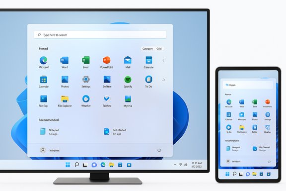 Windows 11 Start menu with pinned apps displayed on a desktop monitor and a tablet.