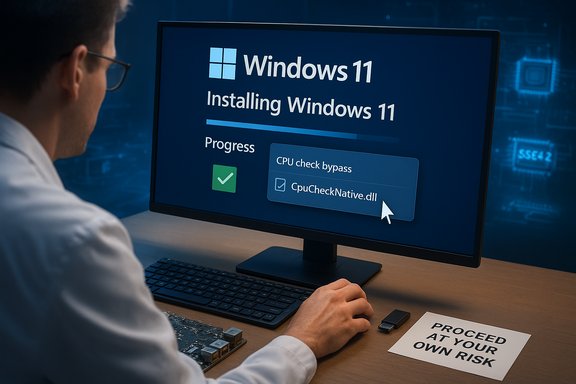 A technician installs Windows 11, with a CPU check bypass shown on screen.