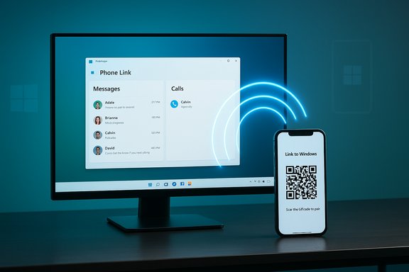 Windows desktop shows the Phone Link app; phone displays a QR code to pair wirelessly.