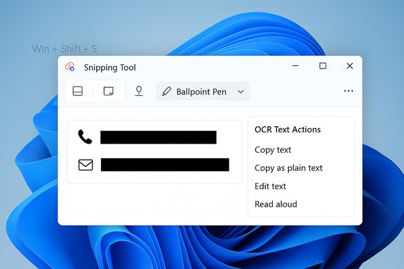 Snipping Tool UI showing OCR actions with captured items on a blue Windows 11 background.