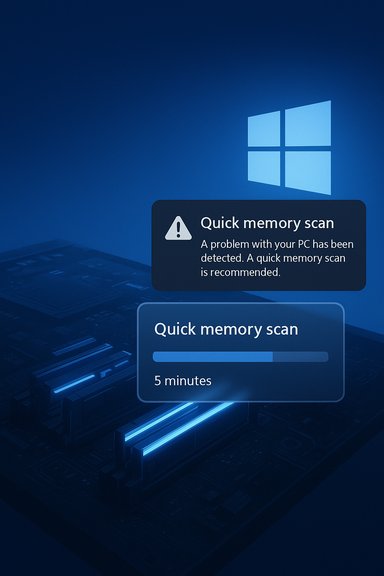 Blue Windows screen shows a Quick memory scan warning with a progress bar.