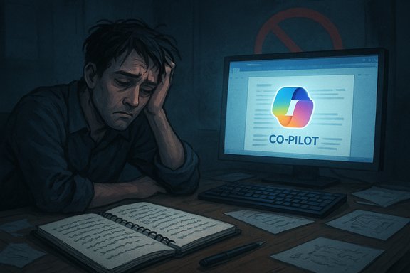 Weary man at a desk, head in hand, staring at a monitor displaying Co-Pilot.