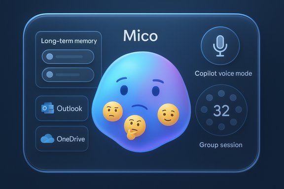 A futuristic Mico UI panel featuring a gradient blob emoji amid memory controls and apps like Outlook and OneDrive.