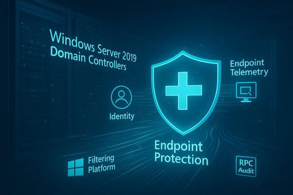 Blue holographic security dashboard showing Windows Server 2019 domain controllers and endpoint protection.