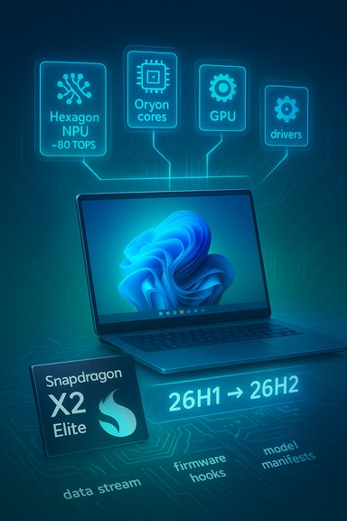 Neon-lit laptop with AI hardware blocks: Hexagon NPU, Oryon cores, GPU, and drivers.