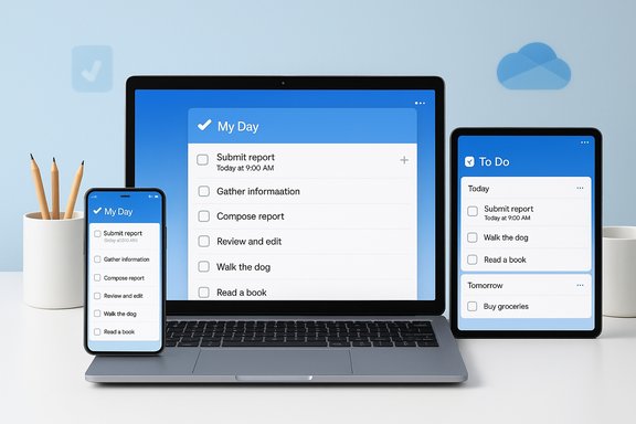 Cross-device to-do app displaying synchronized 'My Day' lists on laptop, tablet, and phone.