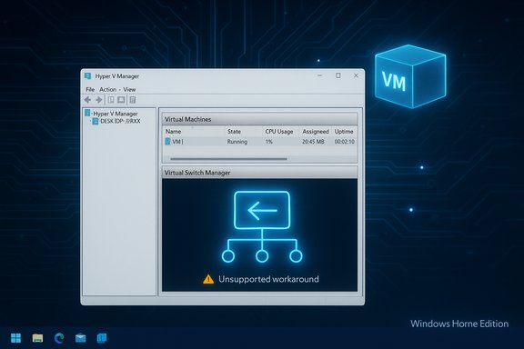 Hyper-V Manager on Windows shows an “Unsupported workaround” alert in Virtual Switch Manager.
