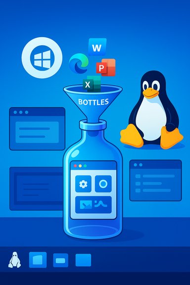 Blue illustration of a bottle labeled BOTTLES funneling Windows Office icons toward a Linux penguin.