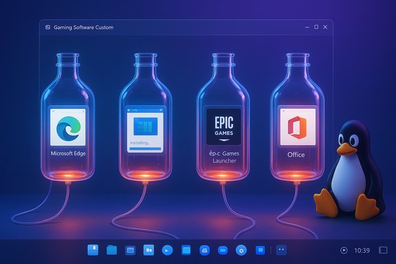 Four neon glass bottles glow, each with app icons Edge, installing, Epic Games Launcher, Office, and a penguin nearby.