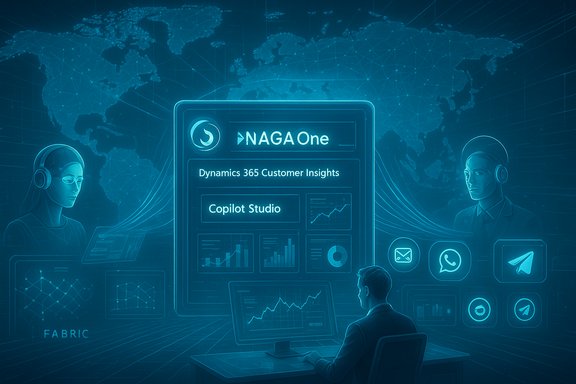 Futuristic dashboard for Dynamics 365 Customer Insights featuring NAGA One and Copilot Studio.