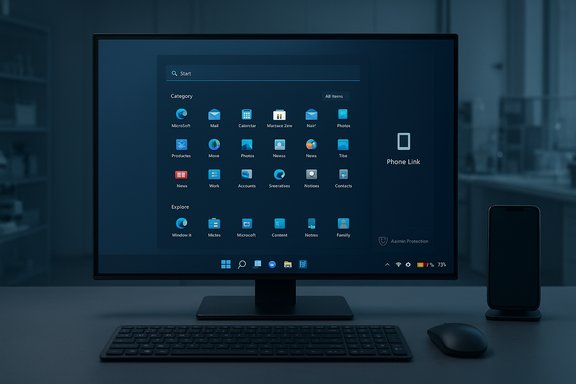 Blue-tinted desk setup with a large monitor showing a Start menu, keyboard, mouse, and a phone on a stand.