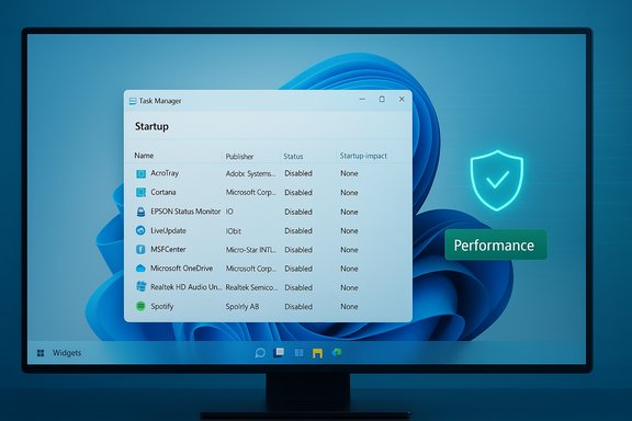 Windows 11 desktop shows the Task Manager Startup list with a neon shield icon on screen.