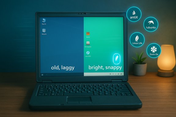 A laptop with a split desktop: left 'old, laggy' and right 'bright, snappy,' surrounded by Linux icons.