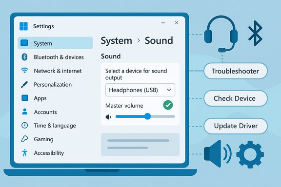 Illustration of a settings panel showing System > Sound and audio output options.