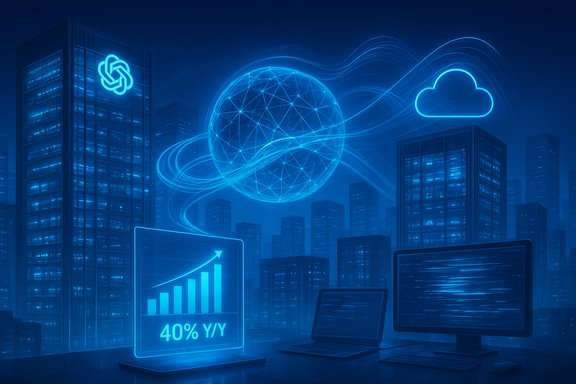 Futuristic neon-blue data center with a glowing globe, cloud icon, and rising charts.