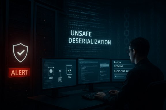 A security analyst monitors multiple screens as a warning reads 'UNSAFE DESERIALIZATION'.