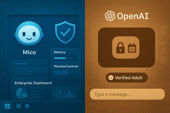 Split-screen: left shows the Mico dashboard; right shows OpenAI’s Verified Adult UI.