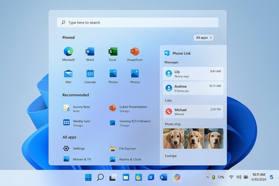 Windows 11 desktop Start menu with pinned apps and a Phone Link panel.