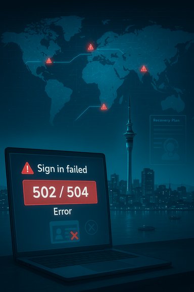 Laptop shows sign-in failed with 502/504 error against a world map backdrop. Laptop shows sign-in failed with 502/504 error against a world map backdrop.