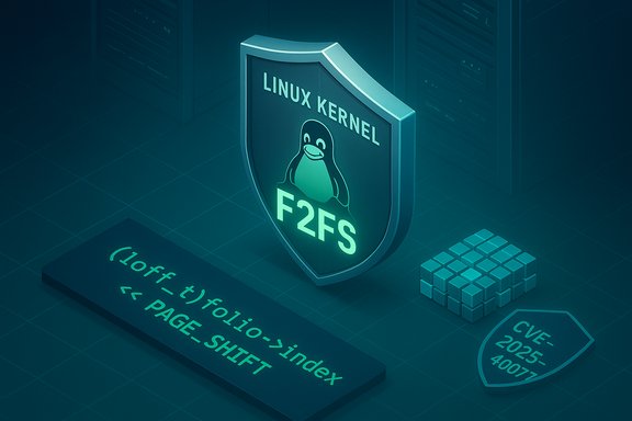 Linux kernel F2FS shield featuring Tux the penguin in a server-room data center.