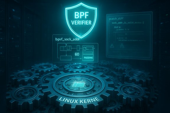 A neon 'BPF VERIFIER' shield hovers above Linux kernel gears and schematic diagrams.