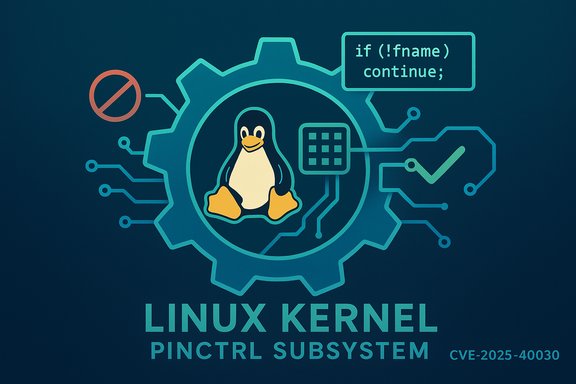 Linux kernel pinctrl subsystem illustration featuring Tux inside a gear with code and CVE tag.