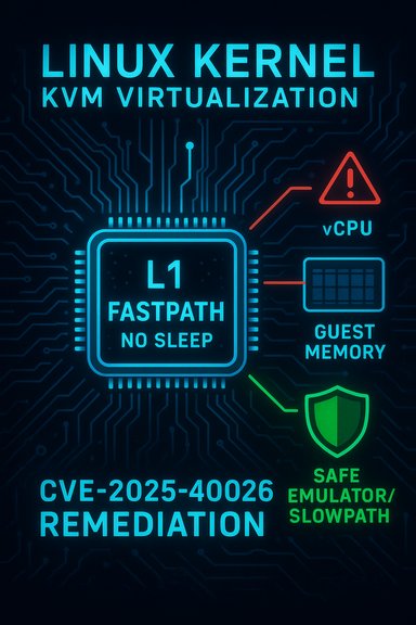 Neon circuit diagram of Linux Kernel KVM virtualization highlighting L1 fastpath and CVE-2025-40026 remediation.