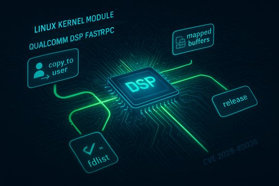 Neon DSP chip diagram linking Linux kernel module, Qualcomm DSP fastRPC, copy_to_user, mapped buffers, and CVE-2025-40036.