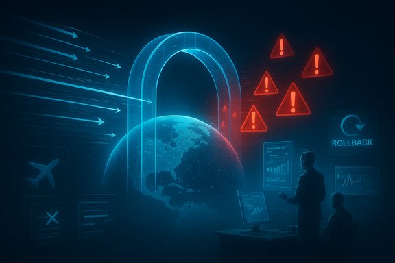 Neon security scene with a giant padlock around the globe, data arrows streaming left and red warning icons.