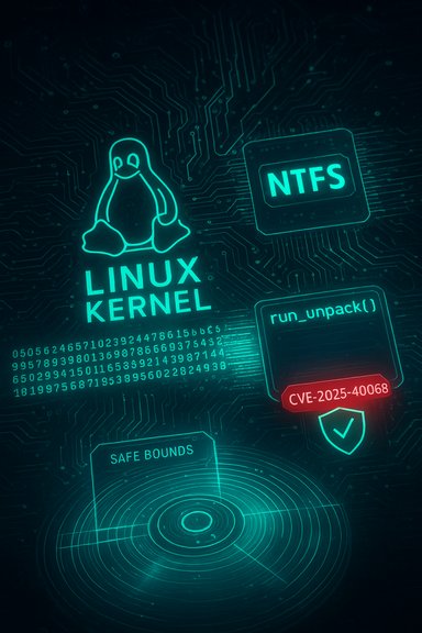 Neon cyber graphic featuring the Linux kernel logo, NTFS label, a CVE-2025-40068 alert, and safe-bounds radar.