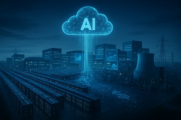A glowing AI cloud hovers over a futuristic data-center cityscape. A glowing AI cloud hovers over a futuristic data-center cityscape.