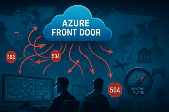 Azure Front Door cloud diagram with red arrows routing traffic and 502/504 error badges.